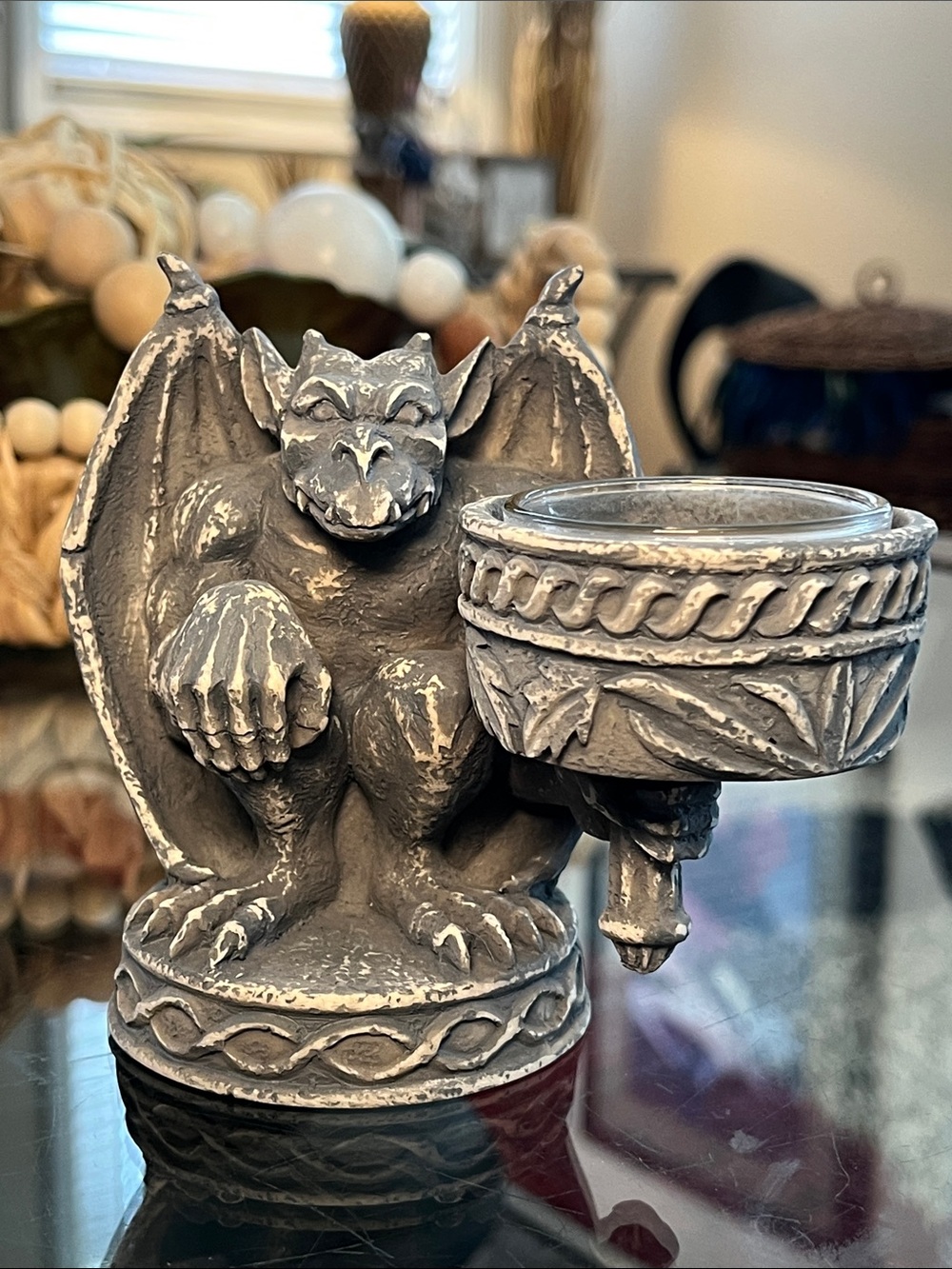 Gargoyle Candle Holder Figurine in Aged Stone Finish 🦇